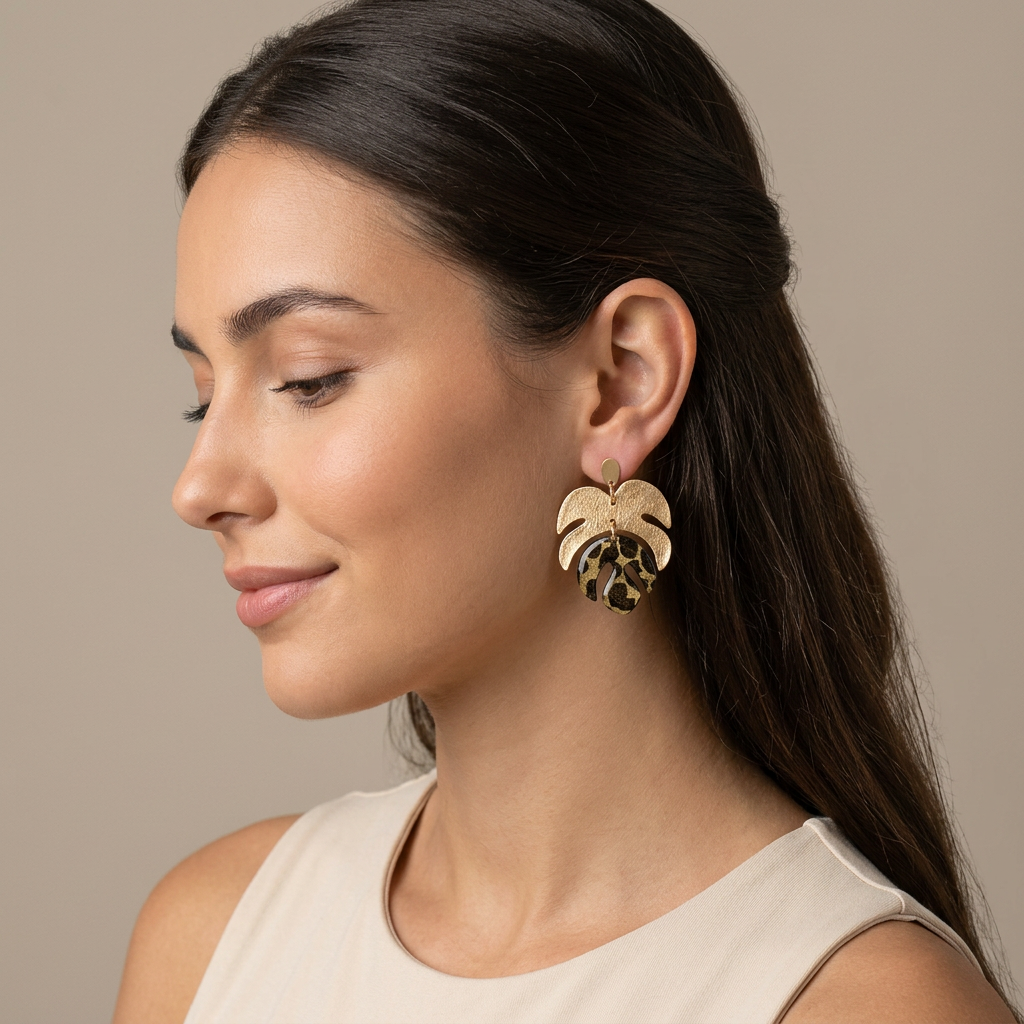 Boucles d'Oreilles Monstera — Papier Lokta Doré & Vert Kaki · Clous Acier Inoxydable